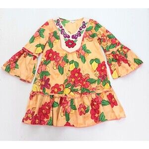 Moda Posa Bright Floral Tunic Embroidered Ruffle Hem Flared Sleeves Sz S